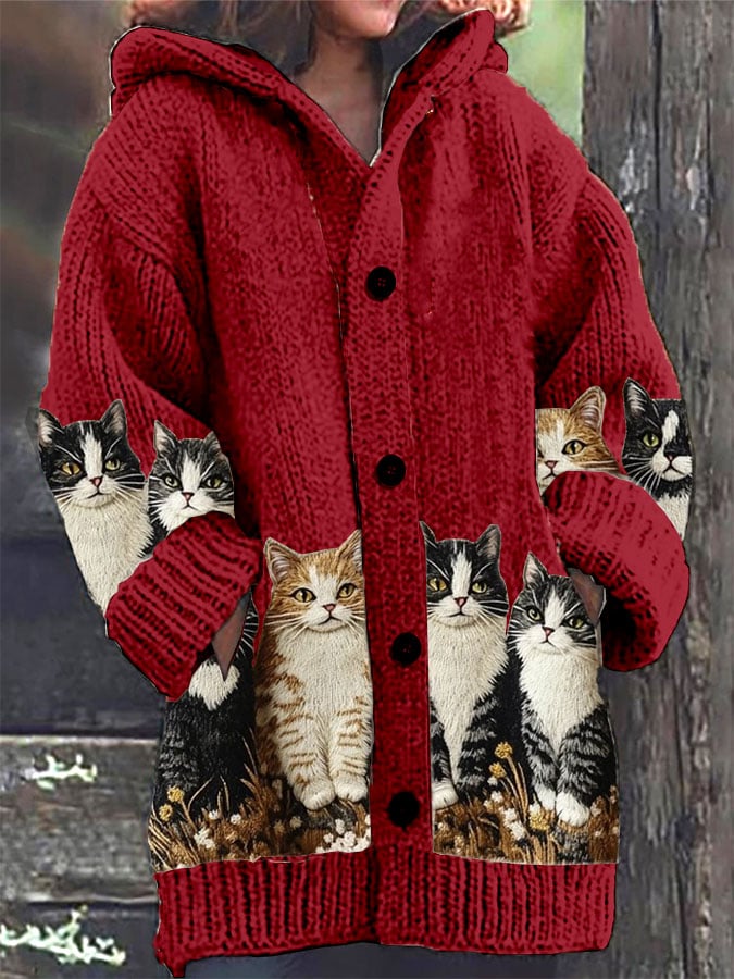 Women's Retro Cat Print Sweater Jacket