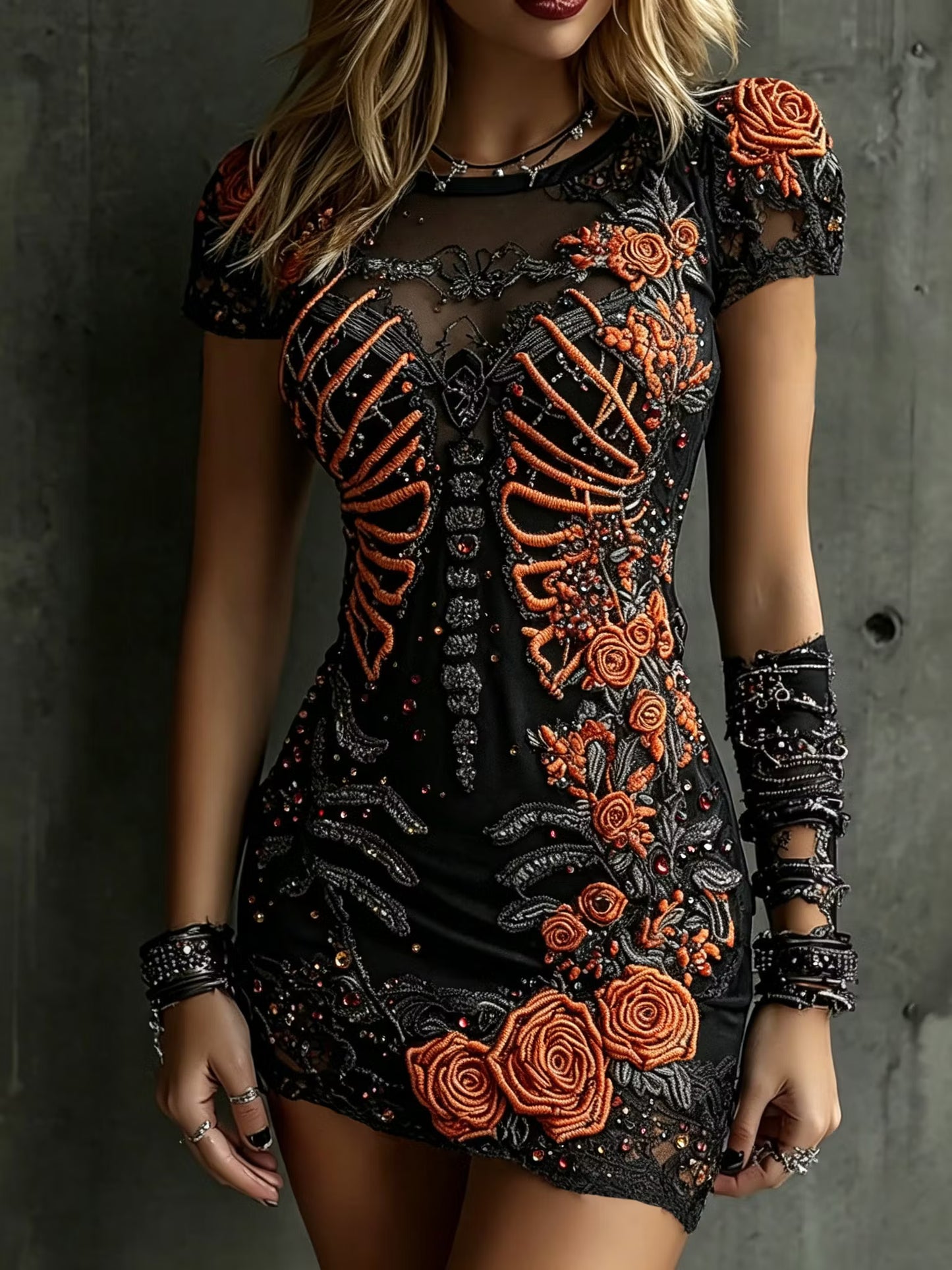 Women's Retro Halloween Skull And Floral Embroidery Pattern Round Neck Short Sleeve Dress