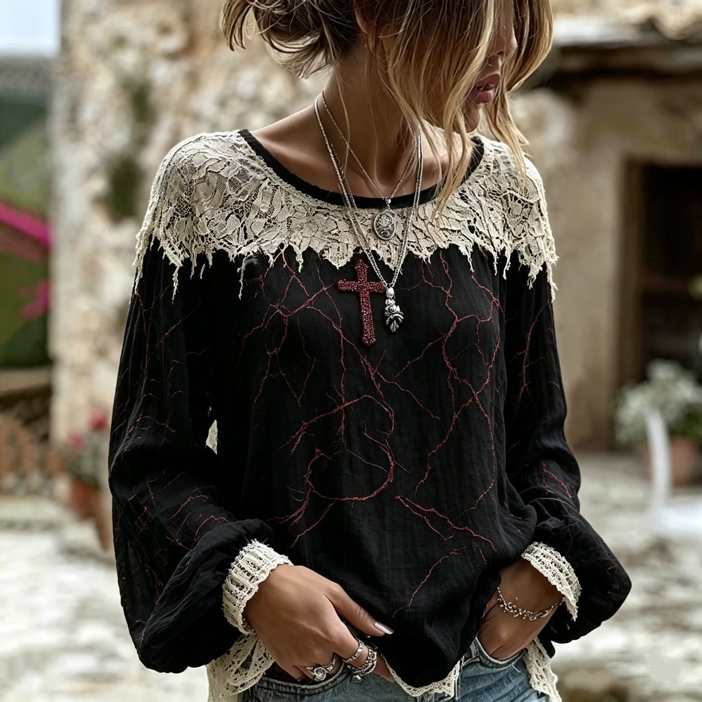 Women's Retro Halloween Cross And Nun Pattern Long-sleeve T-shirt