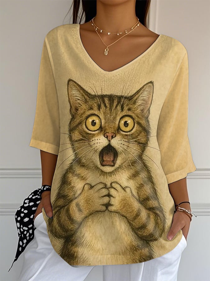 Women's Cute Animal Scared Cat Pattern Print Mid Sleeve Casual T-Shirt