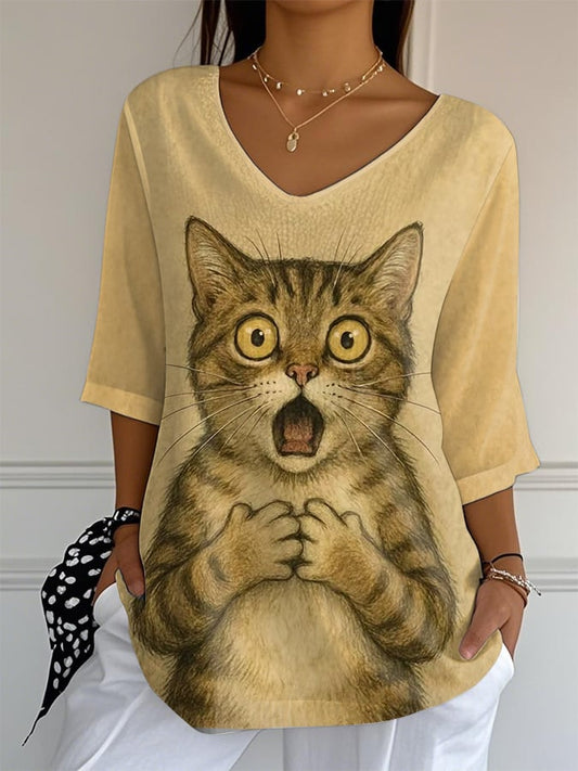 Women's Cute Animal Scared Cat Pattern Print Mid Sleeve Casual T-Shirt