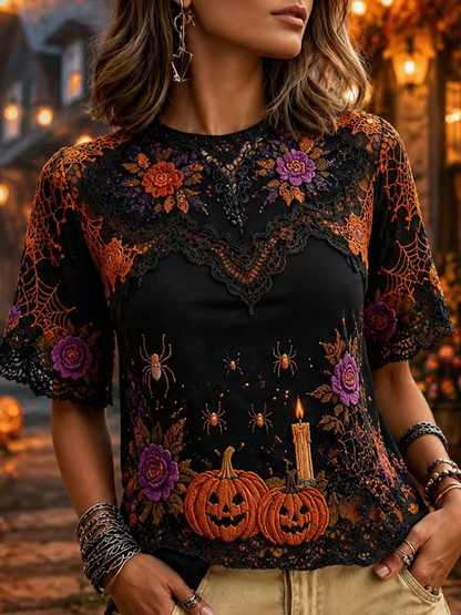Women's Halloween Gothic Black Lace Spiderweb, Spiders, Pumpkins & Candles T-shirt