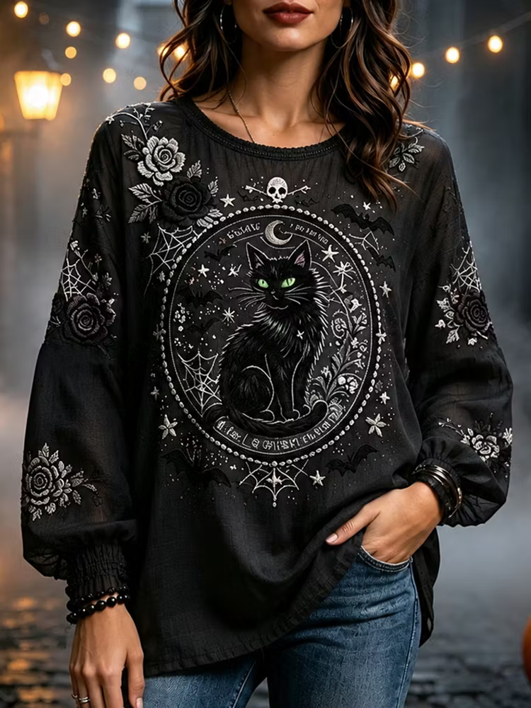 Women's Gothic Style Long-sleeved Casual Shirt With Black Cat And Moon Print, Adorned With Floral Patterns.