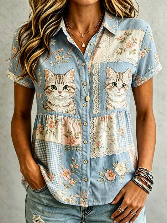 Women's Casual Cat Floral Print Shirt