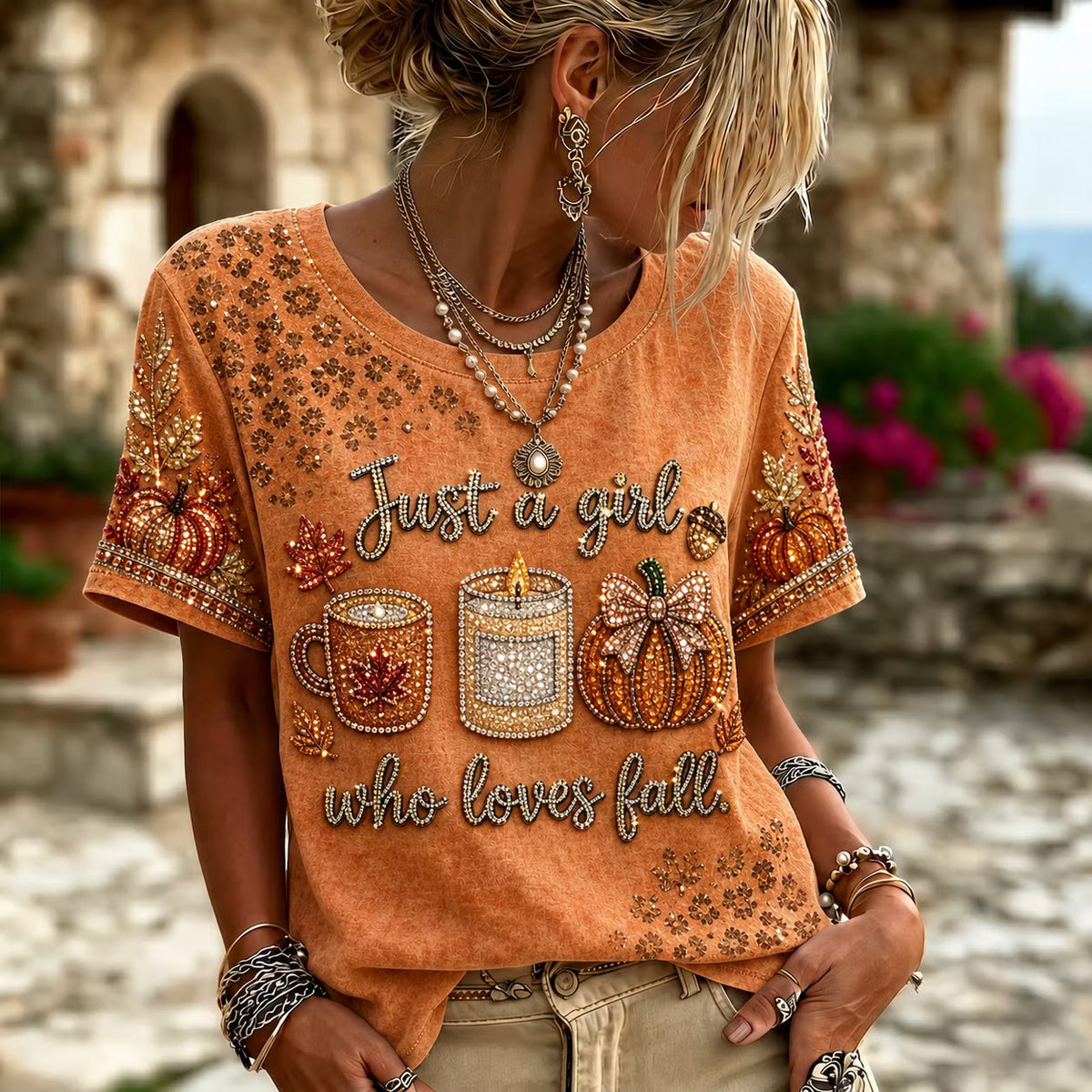 Women's Autumn Pumpkin Art Print Short Sleeve Casual T-shirt