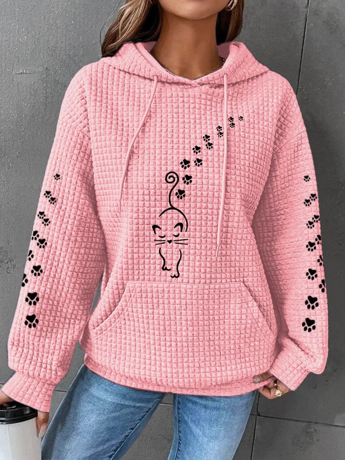 Women's Cute Cat Paw Print Cat Lovers Casual Waffle Hoodie