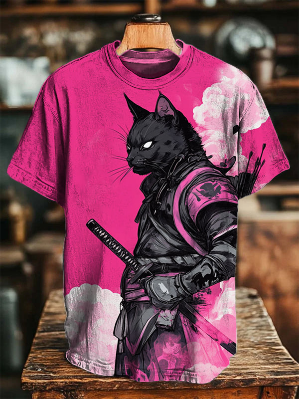 Men's Domineering Black Cat Warrior Knight Print T-Shirt