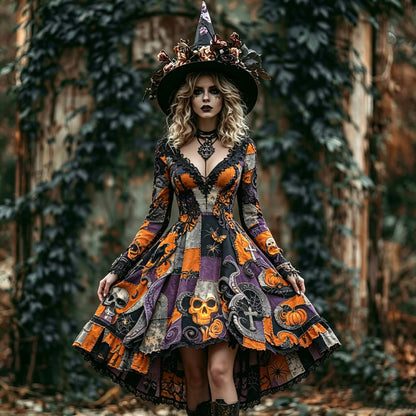 Women's Dark Cross Pumpkin Patchwork V-neck Long-sleeve Dress