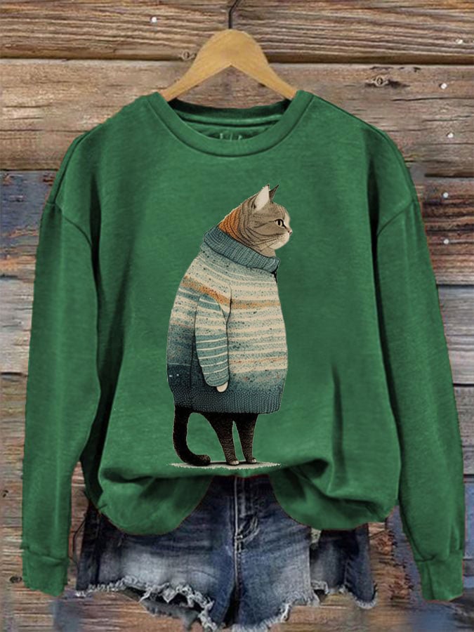 Women's Winter Cat Print Crew Neck Sweatshirt
