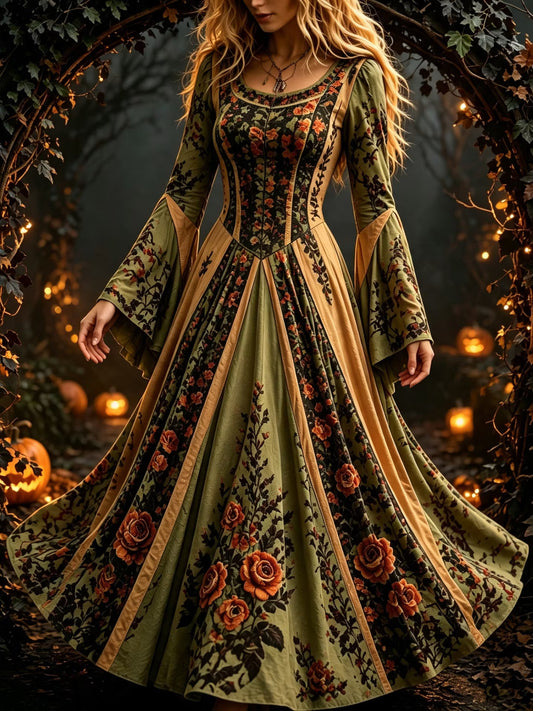 Women's Retro Floral Pattern Long-sleeved Dress