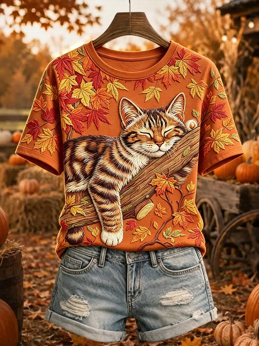 Women's Retro Cat Maple Leaf Vacation Round Neck Short Sleeve Cotton Linen Top