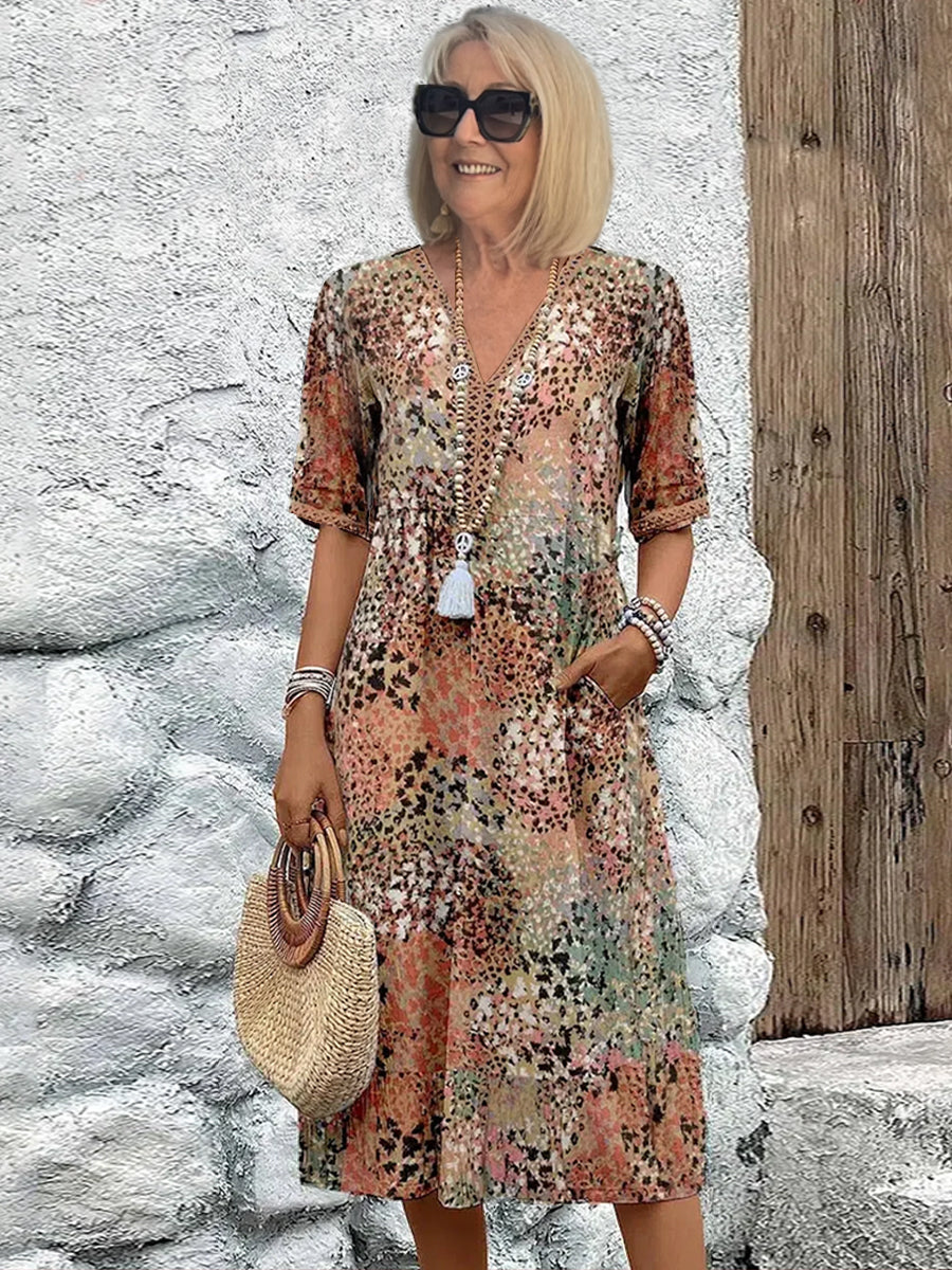 Women's Short Sleeve Summer Leopard Lace Dress V Neck Daily Going Out Casual Knee Length A-Line Khaki
