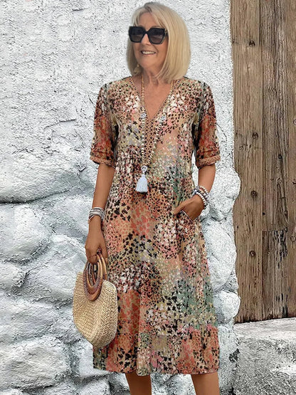 Women's Short Sleeve Summer Leopard Lace Dress V Neck Daily Going Out Casual Knee Length A-Line Khaki