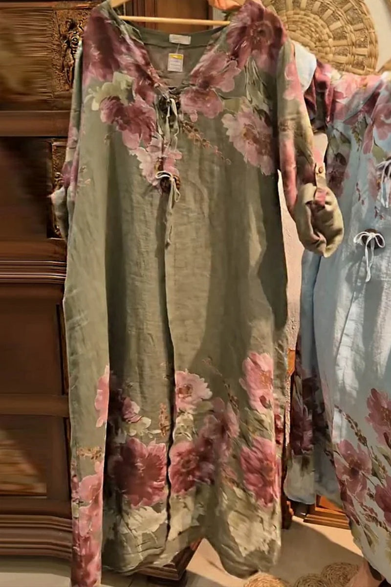 V-neck Long-sleeved Button-decorated Printed Casual Loose Dress