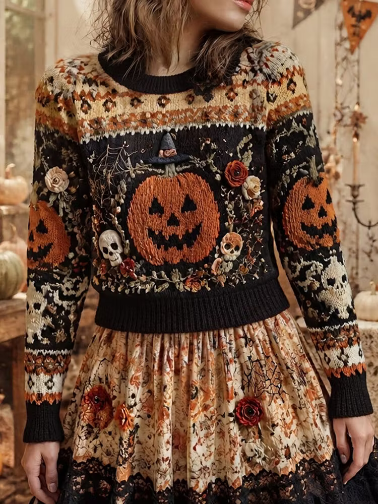 Women's Halloween Vintage Pumpkin, Skull & Floral Fair Isle Knit Sweater With Matching Skirt