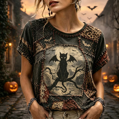 Women's Retro Halloween Cat Patchwork Print T-shirt