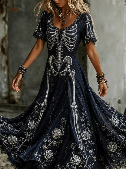 Women's Vintage Halloween Human Skeleton And Floral Embroidery Art Flowy Maxi Dress