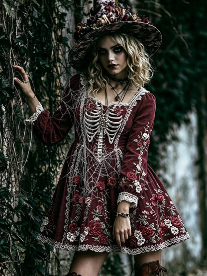 Women's Retro Floral Skeleton Spiderweb Design V-neck Long Sleeve Dress