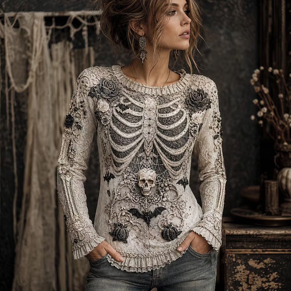 Women's Halloween Human Anatomy Art And Floral Art Vintage Crewneck Top