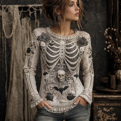 Women's Halloween Human Anatomy Art And Floral Art Vintage Crewneck Top