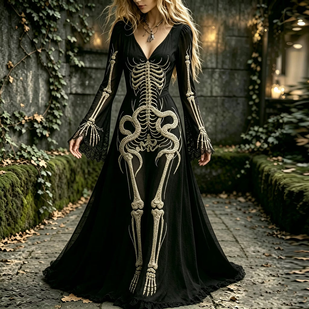 Women's Retro Human Anatomy And Snake Halloween Pattern Dress