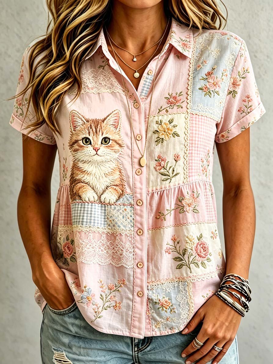 Women's Casual Cat Floral Print Shirt