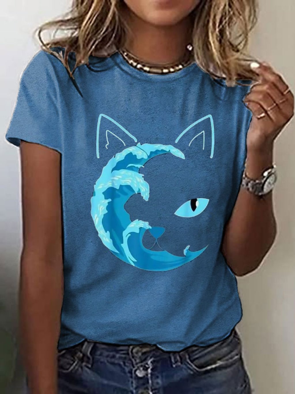 Women's Blue Wave&Cat Print T-Shirt