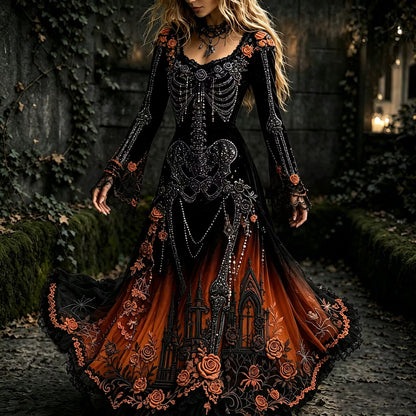 Women's Halloween Gothic Black Skeleton & Floral Lace Long-sleeve Maxi Dress