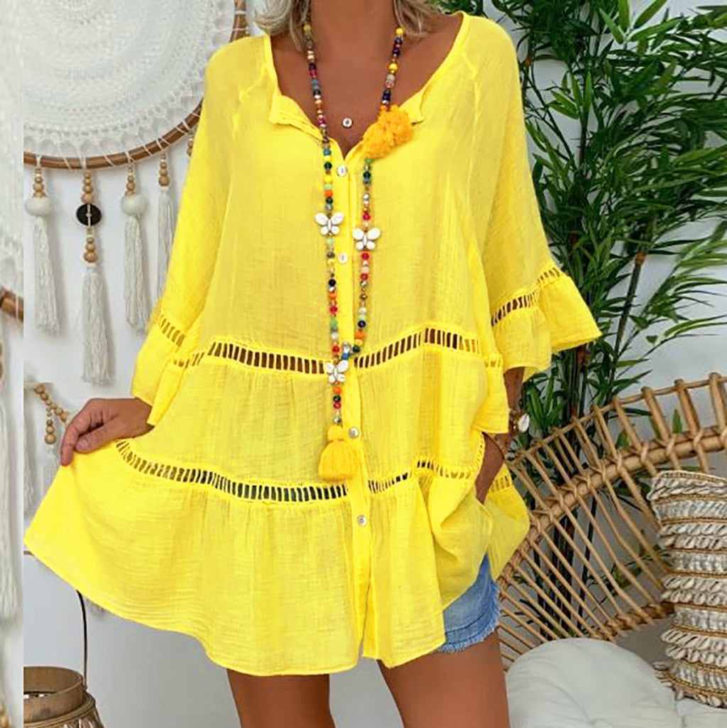 Three-Quarter Sleeve Cotton and Linen V-neck Buttons Hollow-out Large Dress
