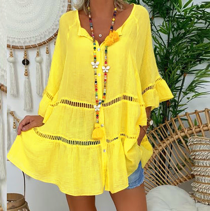 Three-Quarter Sleeve Cotton and Linen V-neck Buttons Hollow-out Large Dress