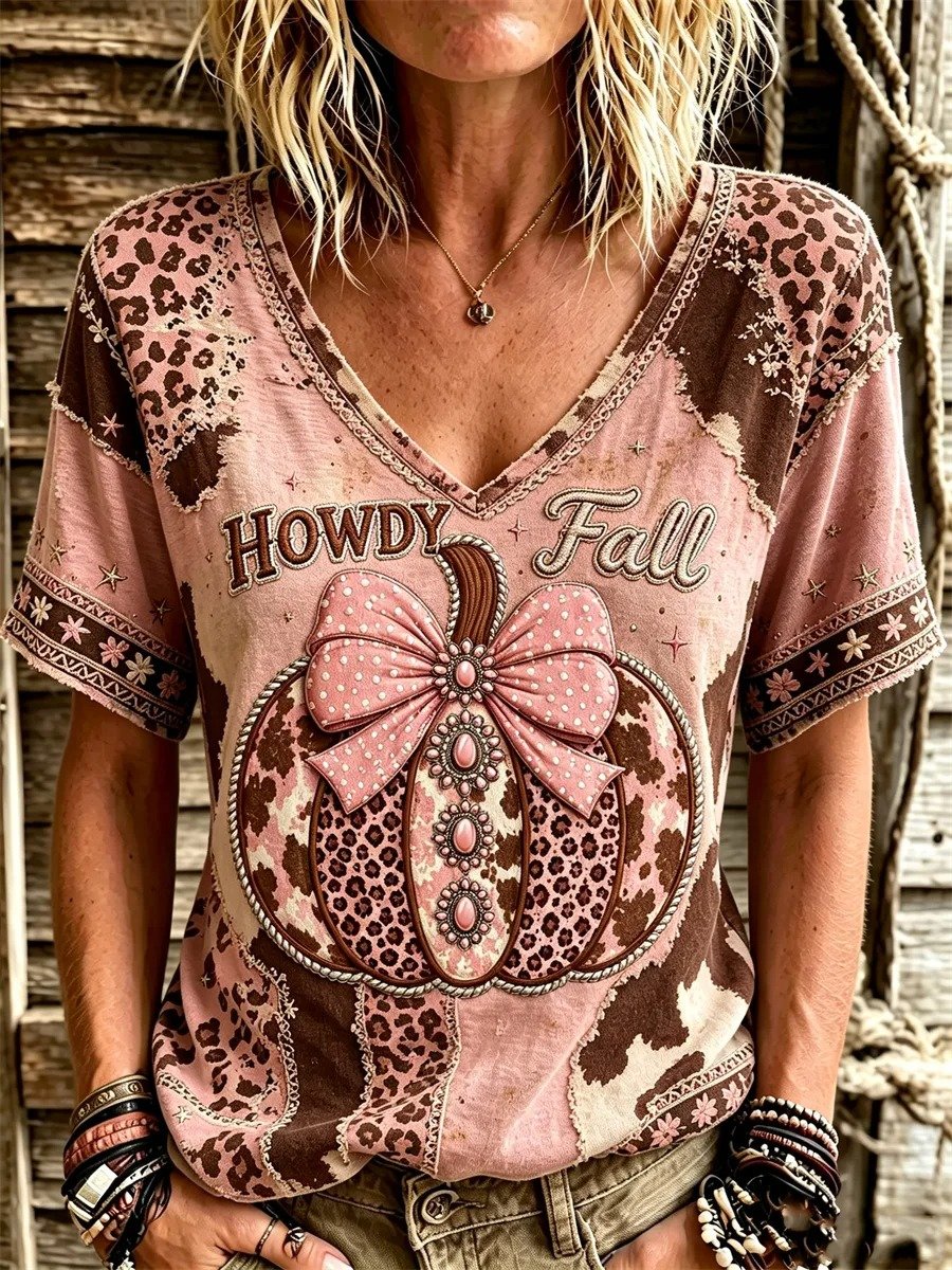 Women's Western Howdy Fall Pink Pumpkin Leopard Cowhide Print linen short-sleeved T-shirt