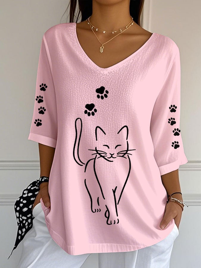 Women's Cute Cat Print Casual V-Neck T-Shirt
