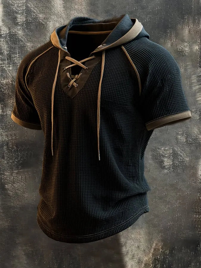 Men's Retro Color-Block Waffle-Knit Lace-Up Short-Sleeve Hoodie