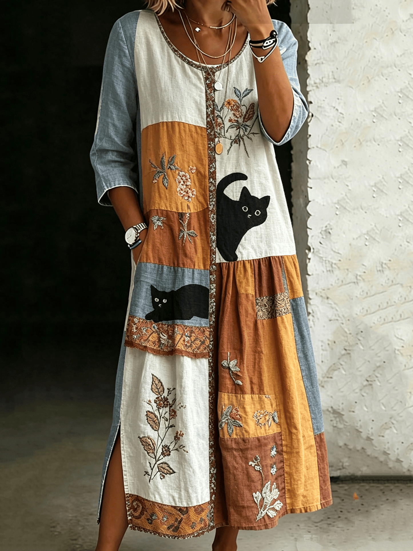 Women's Vintage Cotton Linen Cat Print Dress