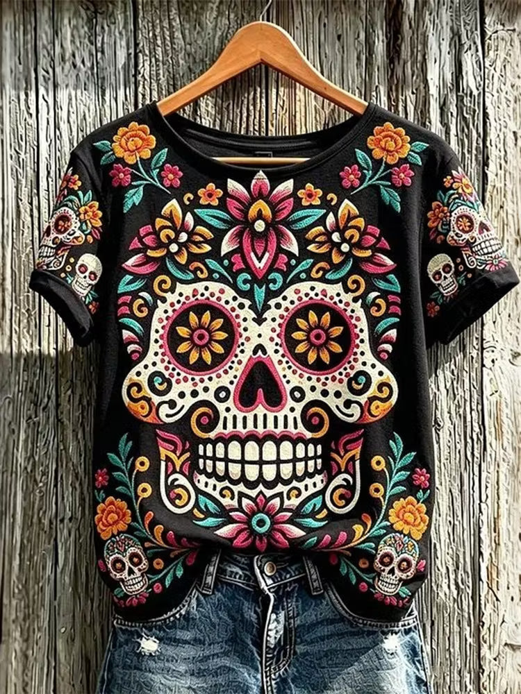 Women's Retro Floral Skull Design Cotton Linen Crew Neck Short Sleeve T-shirt