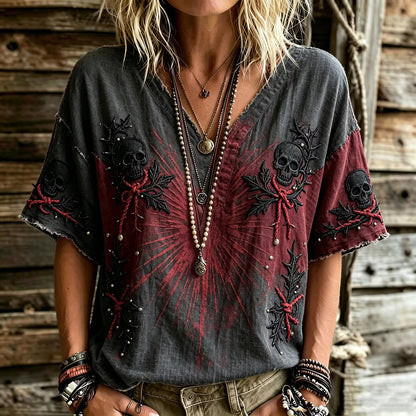 Two Tone Burgundy Grey Washed Gothic Skull Thorn Embroidery Distressed Blouse