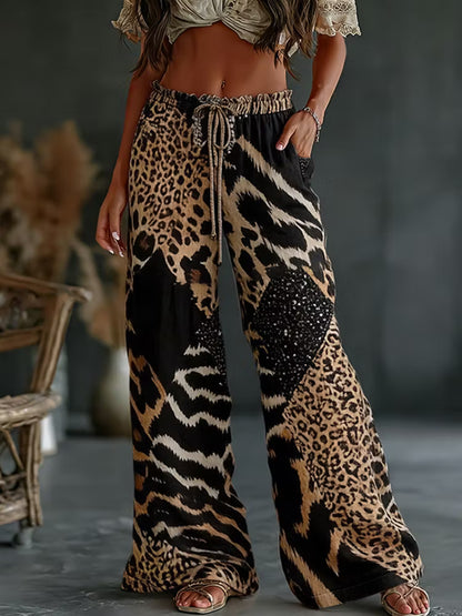 Women's  Leopard And Animal Patchwork Art Print Flowy Linen Blend Casual Pants