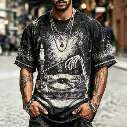 Retro Skull Vinyl Record Pattern Gothic Music Style Loose Men's Top