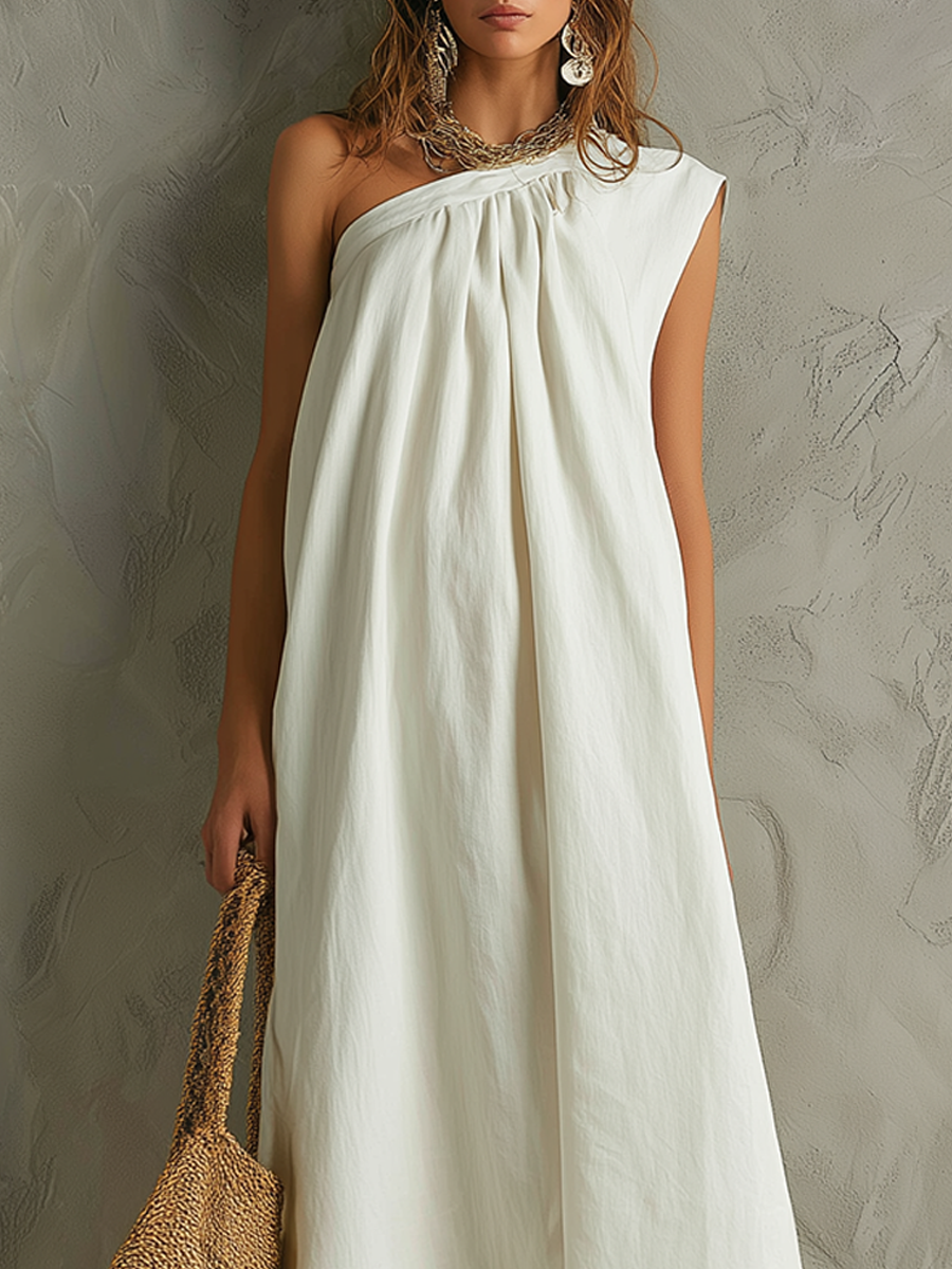 White Minimalist One Shoulder Maxi Dress With A Resort Vibe