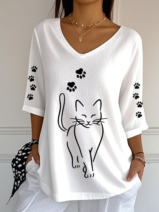 Women's Cute Cat Print Casual V-Neck T-Shirt