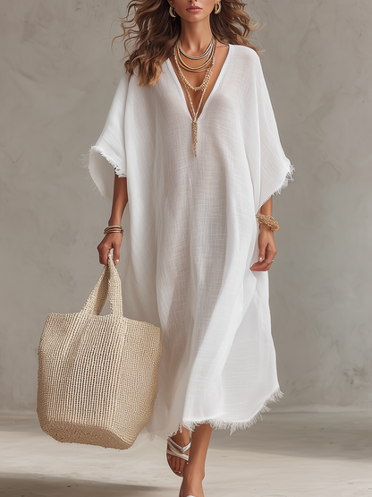 Relaxed Linen Blend V-Neck Midi Dress