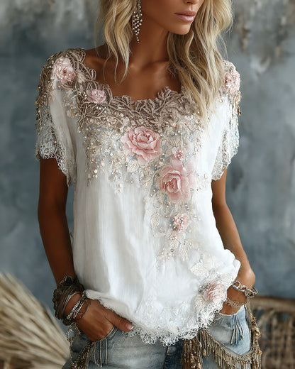 Women's Vintage Rose Floral Art Flowy Linen Blend Casual Tops