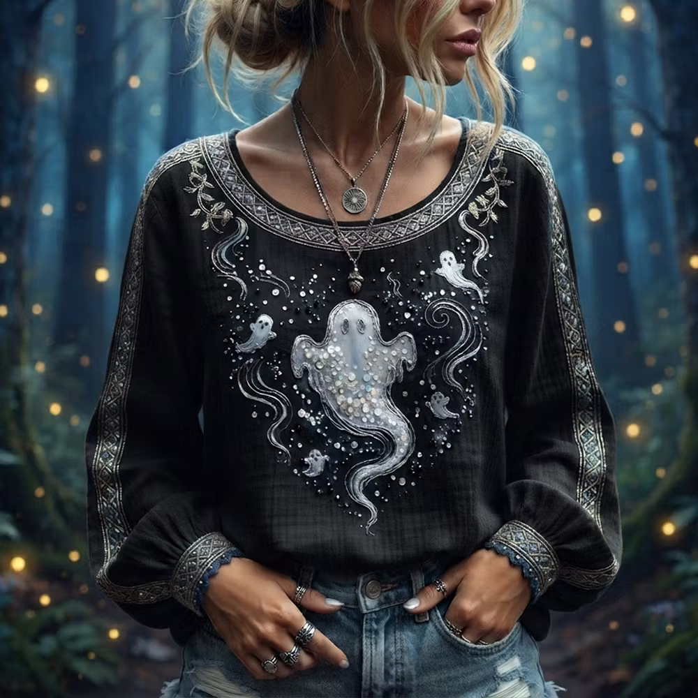 Women's Halloween Gothic Black Ghost Print Long-sleeve Top