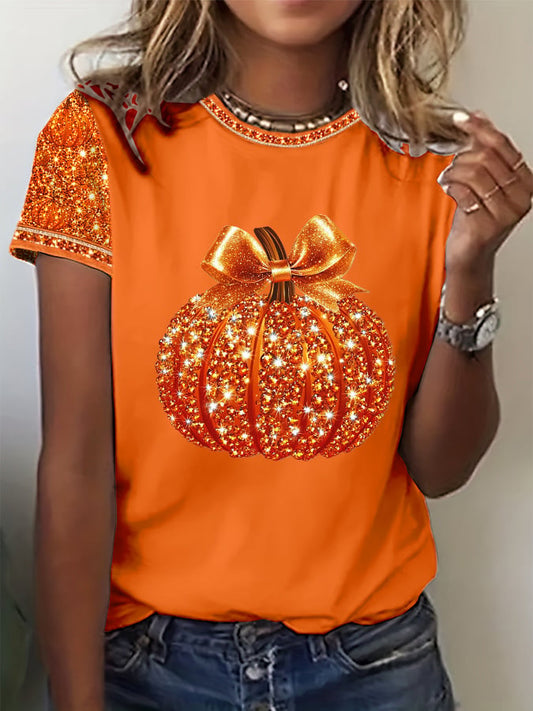 Women's Autumn Sequin Pumpkin Print Crew Neck T-Shirt