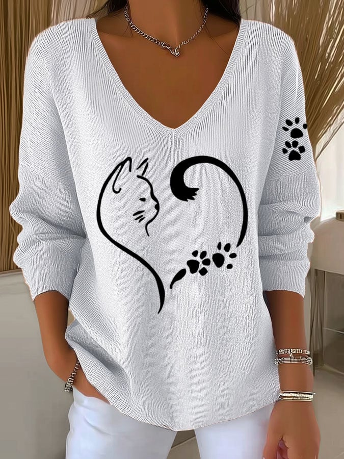 Women's Casual Cat Paw & Heart Print T-Shirt
