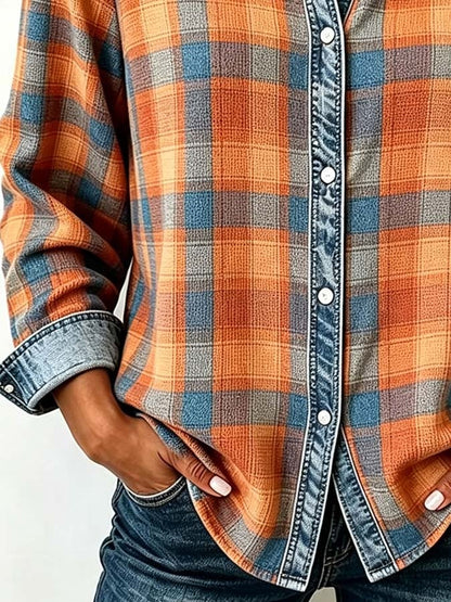 Women'S Casual Denim Patchwork Plaid Shirt