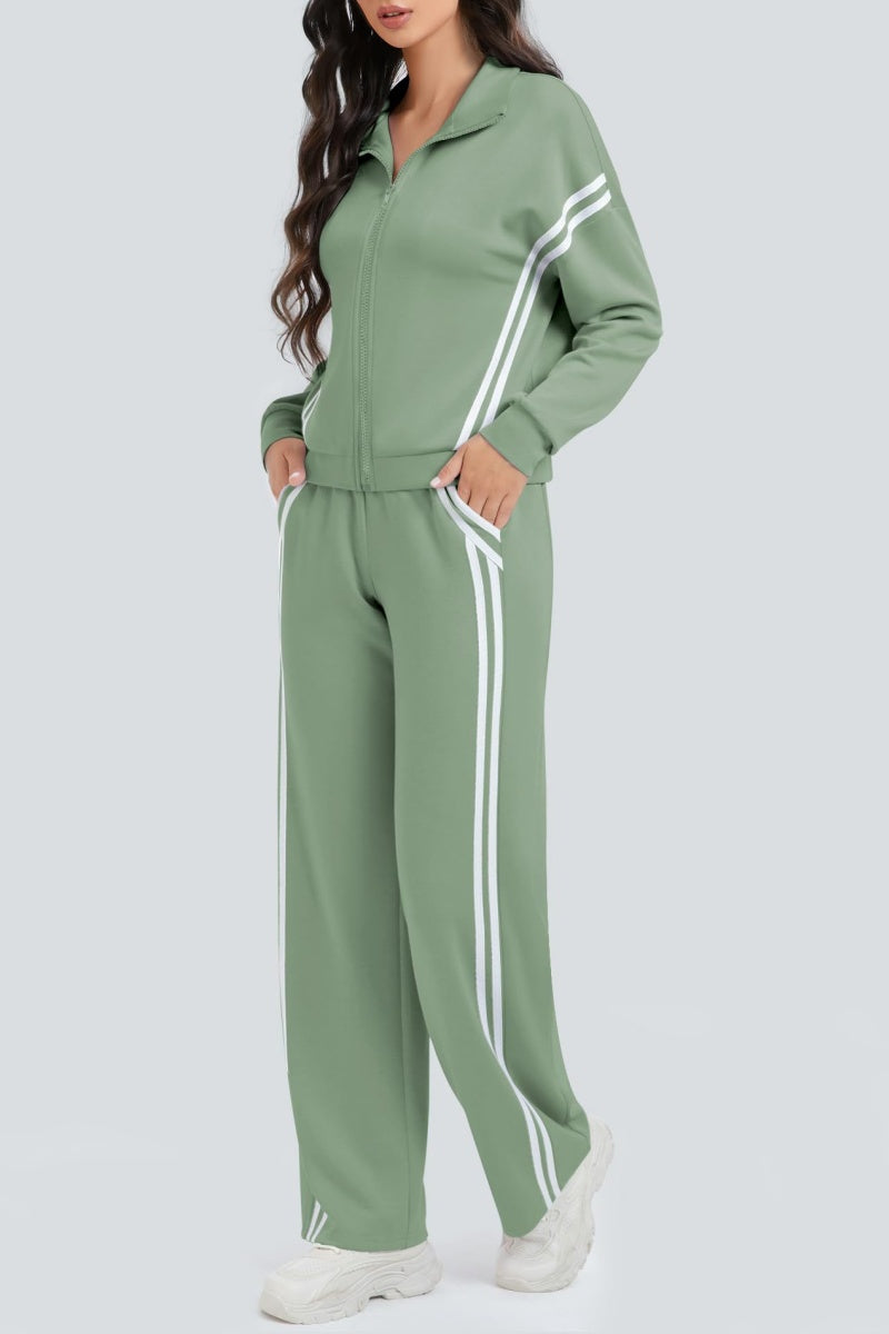 Zippered Tracksuit With Color-blocked Striped Wide-leg Pants