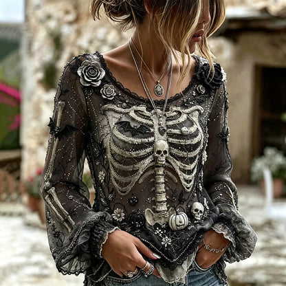 Vintage Halloween Skull And Floral Art Casual Long Sleeve Top