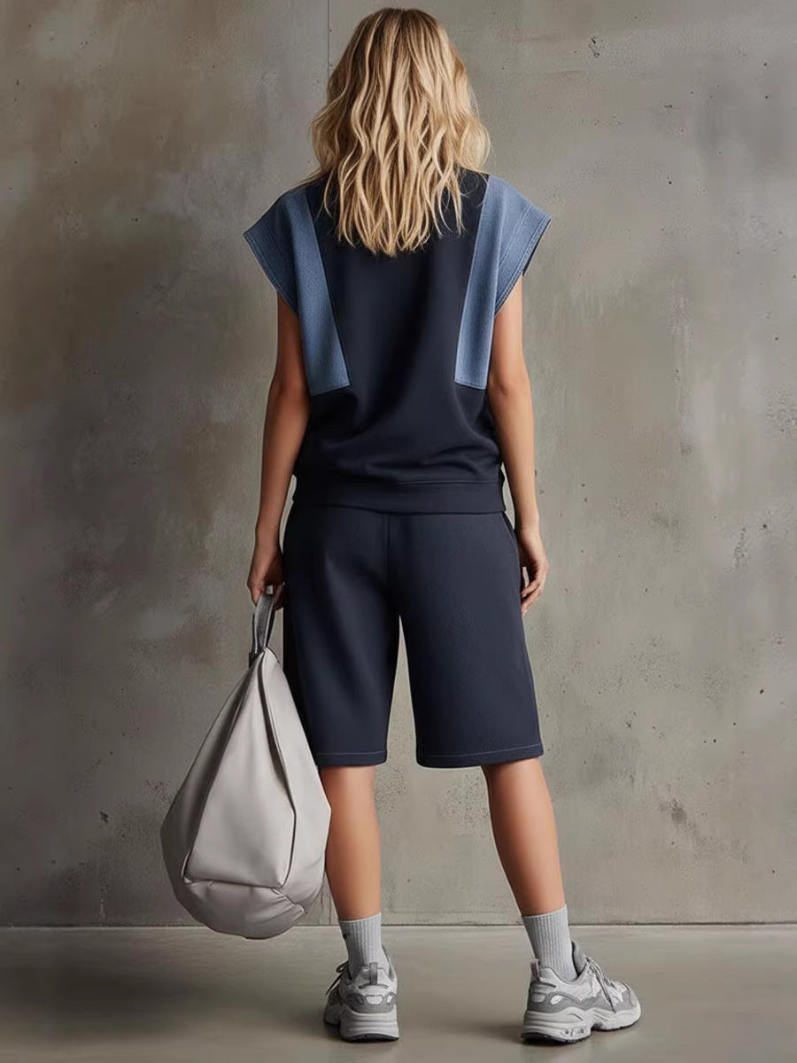 Stylish Casual Two-piece Set: Spliced denim & Cotton Top And Shorts