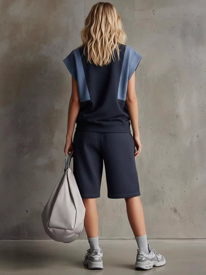 Stylish Casual Two-piece Set: Spliced denim & Cotton Top And Shorts